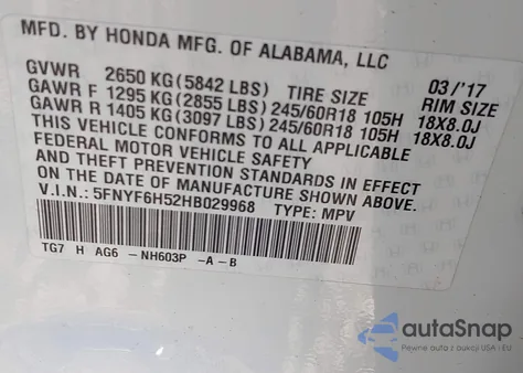 2017 Honda Pilot Ex-L из США, поврежденный, VIN 5FNYF6H52HB029968